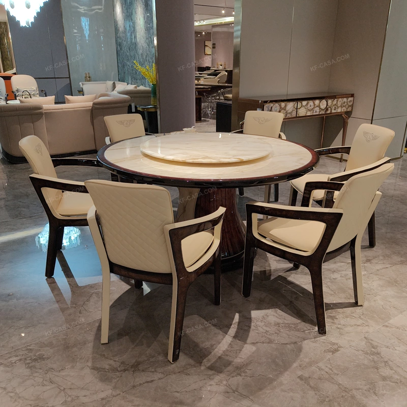 Round Marble Dining Table with smooth Lazy Susan and Button-Tufted Leather Pedestal